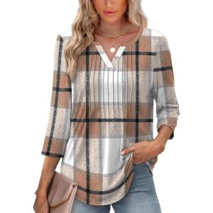 image:imageXIEERDUO Womens 34 Sleeve Tops 2026 VNeck Summer Outfits Casual Pleated Shirts Blouses Beach Vacation Spring ClothesFbrown Blue Plaid