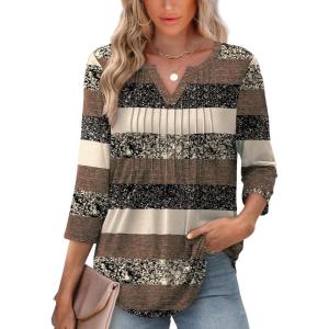 image:imageXIEERDUO Womens 34 Sleeve Tops 2026 VNeck Summer Outfits Casual Pleated Shirts Blouses Beach Vacation Spring ClothesFbrown Stripe