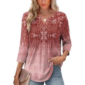 image:imageXIEERDUO Womens 34 Sleeve Tops 2026 VNeck Summer Outfits Casual Pleated Shirts Blouses Beach Vacation Spring ClothesFburgundy Floral