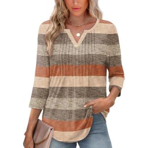 image:imageXIEERDUO Womens 34 Sleeve Tops 2026 VNeck Summer Outfits Casual Pleated Shirts Blouses Beach Vacation Spring ClothesFclay Stripe