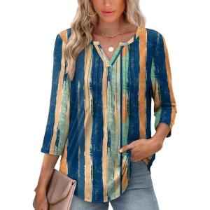 image:imageXIEERDUO Womens 34 Sleeve Tops 2026 VNeck Summer Outfits Casual Pleated Shirts Blouses Beach Vacation Spring ClothesFcolor Streak