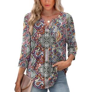 image:imageXIEERDUO Womens 34 Sleeve Tops 2026 VNeck Summer Outfits Casual Pleated Shirts Blouses Beach Vacation Spring ClothesFcolorful Paisley