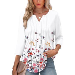 image:imageXIEERDUO Womens 34 Sleeve Tops 2026 VNeck Summer Outfits Casual Pleated Shirts Blouses Beach Vacation Spring ClothesFdandelion