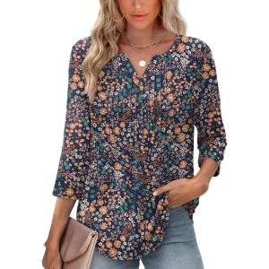 image:imageXIEERDUO Womens 34 Sleeve Tops 2026 VNeck Summer Outfits Casual Pleated Shirts Blouses Beach Vacation Spring ClothesFdark Blue Floral