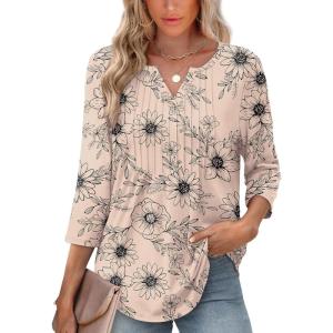 image:imageXIEERDUO Womens 34 Sleeve Tops 2026 VNeck Summer Outfits Casual Pleated Shirts Blouses Beach Vacation Spring ClothesFkhaki Ink Floral