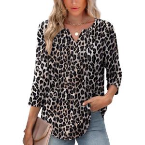 image:imageXIEERDUO Womens 34 Sleeve Tops 2026 VNeck Summer Outfits Casual Pleated Shirts Blouses Beach Vacation Spring ClothesFleopard Print