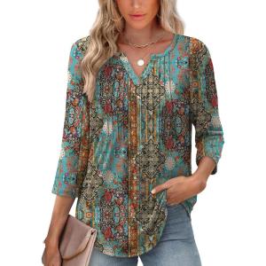 image:imageXIEERDUO Womens 34 Sleeve Tops 2026 VNeck Summer Outfits Casual Pleated Shirts Blouses Beach Vacation Spring ClothesFvintage Boho