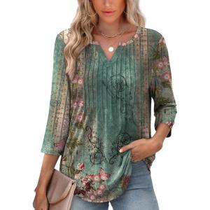 image:imageXIEERDUO Womens 34 Sleeve Tops 2026 VNeck Summer Outfits Casual Pleated Shirts Blouses Beach Vacation Spring ClothesFvintage Floral