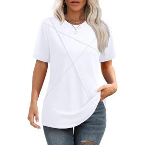 image:imageXIEERDUO Womens Summer Tops 2026 Pleated Round Neck Short Sleeve Shirts Business CasualA White