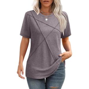 image:imageXIEERDUO Womens Summer Tops 2026 Pleated Round Neck Short Sleeve Shirts Business CasualCoffee Grey