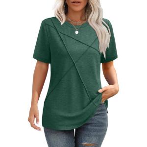image:imageXIEERDUO Womens Summer Tops 2026 Pleated Round Neck Short Sleeve Shirts Business CasualGreen
