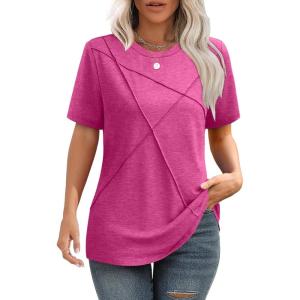 image:imageXIEERDUO Womens Summer Tops 2026 Pleated Round Neck Short Sleeve Shirts Business CasualHot Pink