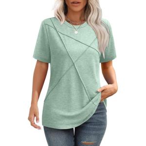 image:imageXIEERDUO Womens Summer Tops 2026 Pleated Round Neck Short Sleeve Shirts Business CasualLight Green