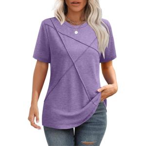 image:imageXIEERDUO Womens Summer Tops 2026 Pleated Round Neck Short Sleeve Shirts Business CasualPurple