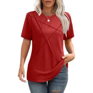 image:imageXIEERDUO Womens Summer Tops 2026 Pleated Round Neck Short Sleeve Shirts Business CasualRed