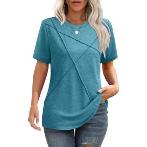 image:imageXIEERDUO Womens Summer Tops 2026 Pleated Round Neck Short Sleeve Shirts Business CasualTurquoise