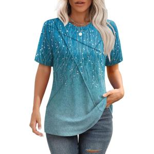image:imageXIEERDUO Womens Summer Tops 2026 Pleated Round Neck Short Sleeve Shirts Business CasualZ Blue Striped