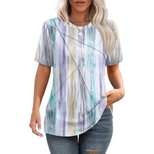 image:imageXIEERDUO Womens Summer Tops 2026 Pleated Round Neck Short Sleeve Shirts Business CasualZ Colorful Striped