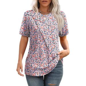 image:imageXIEERDUO Womens Summer Tops 2026 Pleated Round Neck Short Sleeve Shirts Business CasualZ Floral Pink