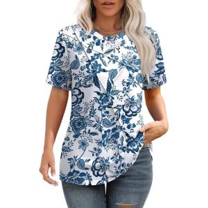 image:imageXIEERDUO Womens Summer Tops 2026 Pleated Round Neck Short Sleeve Shirts Business CasualZ Floral White