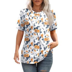 image:imageXIEERDUO Womens Summer Tops 2026 Pleated Round Neck Short Sleeve Shirts Business CasualZ Floral Yellow