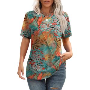 image:imageXIEERDUO Womens Summer Tops 2026 Pleated Round Neck Short Sleeve Shirts Business CasualZ Green Orange