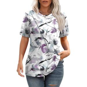 image:imageXIEERDUO Womens Summer Tops 2026 Pleated Round Neck Short Sleeve Shirts Business CasualZ Multi Purple