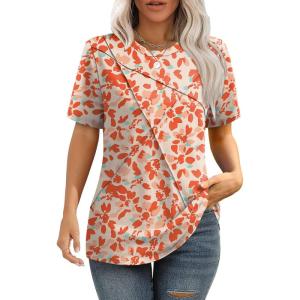 image:imageXIEERDUO Womens Summer Tops 2026 Pleated Round Neck Short Sleeve Shirts Business CasualZ Red Flowy