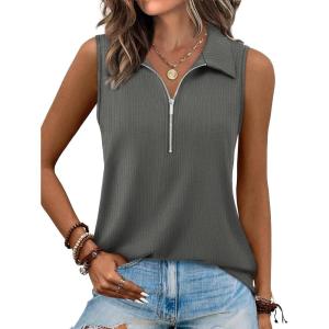 image:imageXIEERDUO Womens Summer Tops V Neck Collared Shirts Dressy Casual Ribbed Tank Top with Zipper Loose FitC Grey