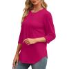 image:imageXIEERDUO 34 Length Sleeve Womens Tops Round Neck Casual Tunic Tops Basic Pleated Shirts Loose Fit 2026Hot Pink
