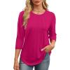 image:imageXIEERDUO 34 Length Sleeve Womens Tops Round Neck Casual Tunic Tops Basic Pleated Shirts Loose Fit 2026Hot Pink