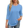 image:imageXIEERDUO 34 Length Sleeve Womens Tops Round Neck Casual Tunic Tops Basic Pleated Shirts Loose Fit 2026Light Blue