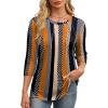 image:imageXIEERDUO 34 Length Sleeve Womens Tops Round Neck Casual Tunic Tops Basic Pleated Shirts Loose Fit 2026Patternedkhaki Stripe
