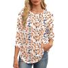image:imageXIEERDUO 34 Length Sleeve Womens Tops Round Neck Casual Tunic Tops Basic Pleated Shirts Loose Fit 2026Patternedleaf Printed