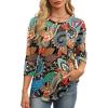 image:imageXIEERDUO 34 Length Sleeve Womens Tops Round Neck Casual Tunic Tops Basic Pleated Shirts Loose Fit 2026Patternedorange Floral