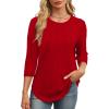 image:imageXIEERDUO 34 Length Sleeve Womens Tops Round Neck Casual Tunic Tops Basic Pleated Shirts Loose Fit 2026Red