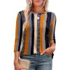 image:imageXIEERDUO 34 Length Sleeve Womens Tops Round Neck Casual Tunic Tops Basic Pleated Shirts Loose Fit 2026Patternedkhaki Stripe