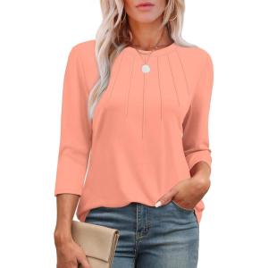 image:imageXIEERDUO 34 Length Sleeve Womens Tops Round Neck Casual Tunic Tops Basic Pleated Shirts Loose Fit 2026Coral