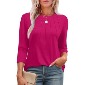image:imageXIEERDUO 34 Length Sleeve Womens Tops Round Neck Casual Tunic Tops Basic Pleated Shirts Loose Fit 2026Hot Pink