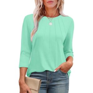 image:imageXIEERDUO 34 Length Sleeve Womens Tops Round Neck Casual Tunic Tops Basic Pleated Shirts Loose Fit 2026Lake Green