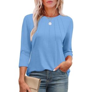 image:imageXIEERDUO 34 Length Sleeve Womens Tops Round Neck Casual Tunic Tops Basic Pleated Shirts Loose Fit 2026Light Blue