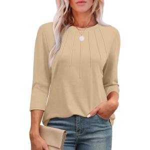 image:imageXIEERDUO 34 Length Sleeve Womens Tops Round Neck Casual Tunic Tops Basic Pleated Shirts Loose Fit 2026Newapricot