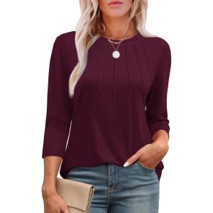 image:imageXIEERDUO 34 Length Sleeve Womens Tops Round Neck Casual Tunic Tops Basic Pleated Shirts Loose Fit 2026Newburgundy