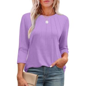 image:imageXIEERDUO 34 Length Sleeve Womens Tops Round Neck Casual Tunic Tops Basic Pleated Shirts Loose Fit 2026Newpurple