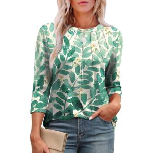 image:imageXIEERDUO 34 Length Sleeve Womens Tops Round Neck Casual Tunic Tops Basic Pleated Shirts Loose Fit 2026Patternedblue Leaf