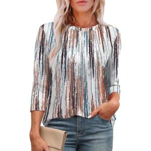 image:imageXIEERDUO 34 Length Sleeve Womens Tops Round Neck Casual Tunic Tops Basic Pleated Shirts Loose Fit 2026Patternedbrown Printed
