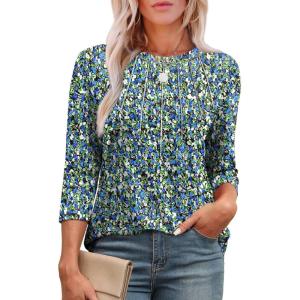 image:imageXIEERDUO 34 Length Sleeve Womens Tops Round Neck Casual Tunic Tops Basic Pleated Shirts Loose Fit 2026Patternedfloral Blue