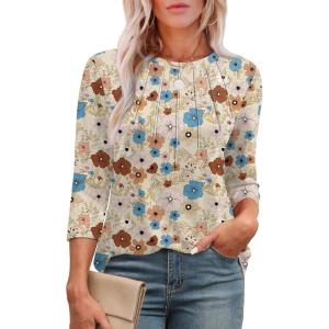 image:imageXIEERDUO 34 Length Sleeve Womens Tops Round Neck Casual Tunic Tops Basic Pleated Shirts Loose Fit 2026Patternedkhaki Flowers