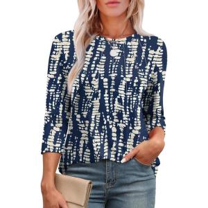 image:imageXIEERDUO 34 Length Sleeve Womens Tops Round Neck Casual Tunic Tops Basic Pleated Shirts Loose Fit 2026Patternednavy Printed
