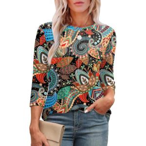image:imageXIEERDUO 34 Length Sleeve Womens Tops Round Neck Casual Tunic Tops Basic Pleated Shirts Loose Fit 2026Patternedorange Floral